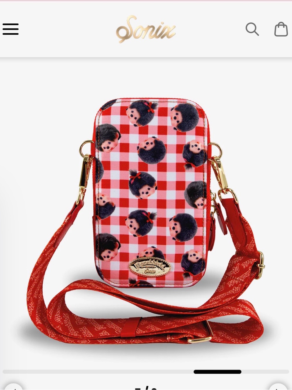Sonix Red Gingham Monchhichi Print Crossbody Bag with Gold Hardware